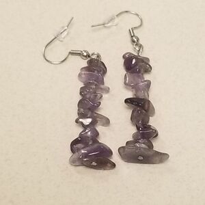 Handmade purple chip stone hanging earrings